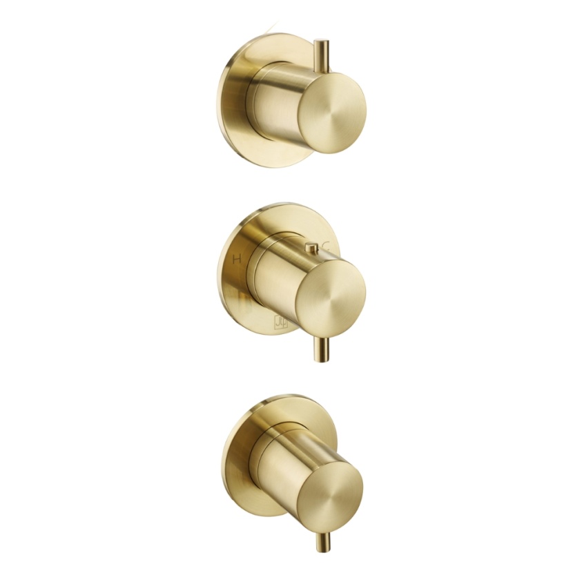 Product Cut out image of the JTP Vos Brushed Brass Concealed 3 Handle 2 Outlet Shower Valve